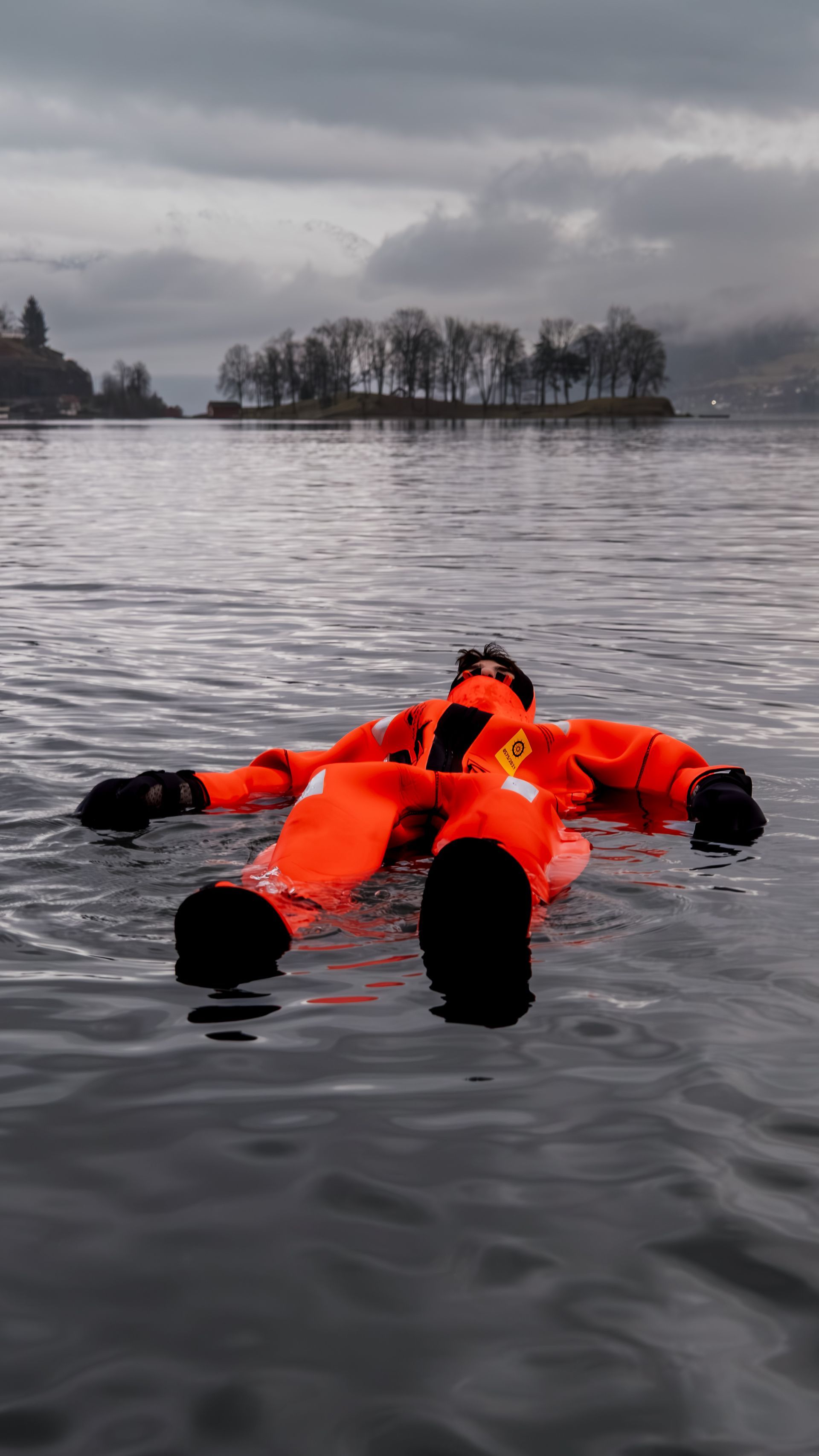 Woman sitting on rock, overlooking a fjord with mountains and snow.