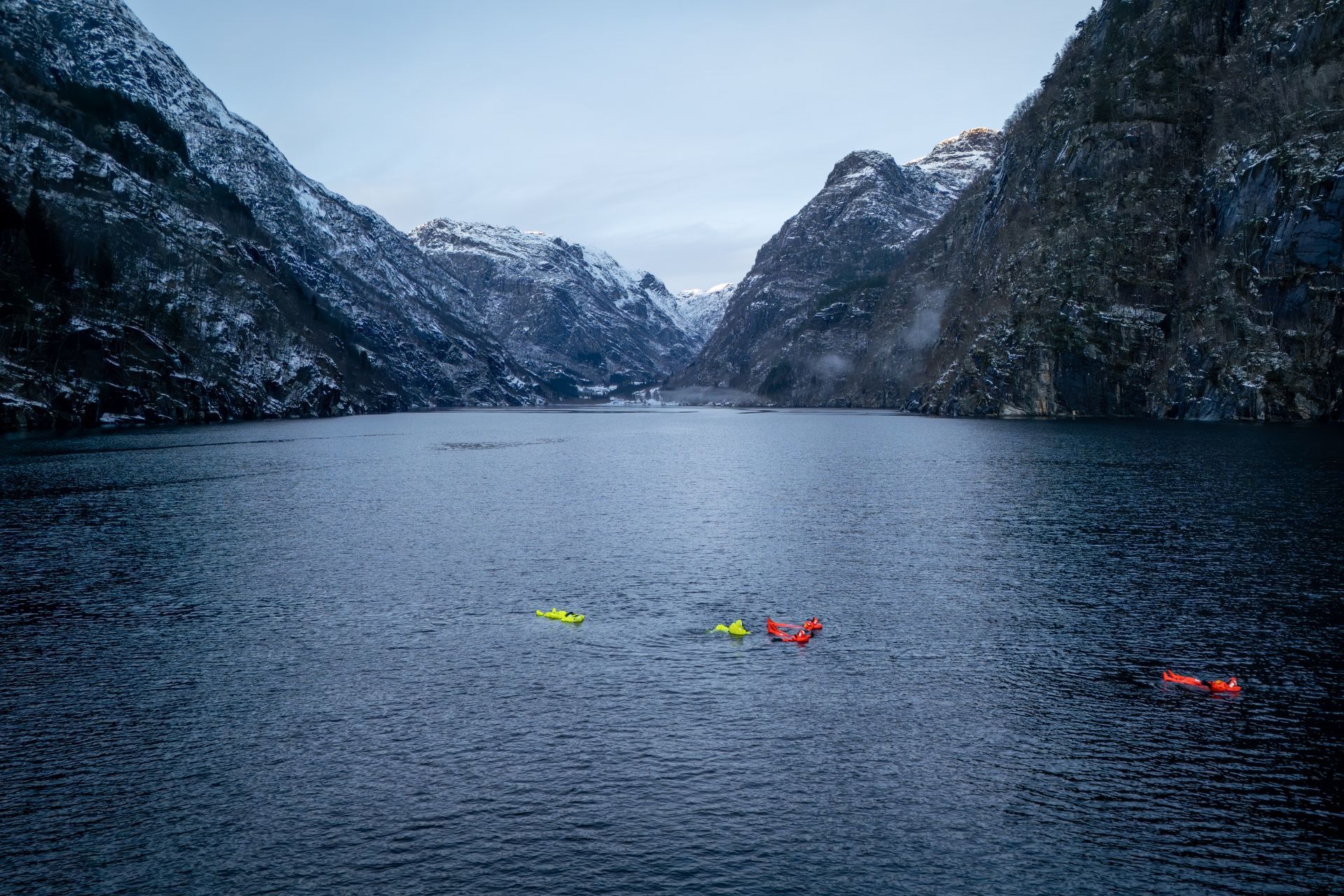 Ferry sailing on blue water between green, mountainous shores. Snowy peaks in the distance, blue sky.
