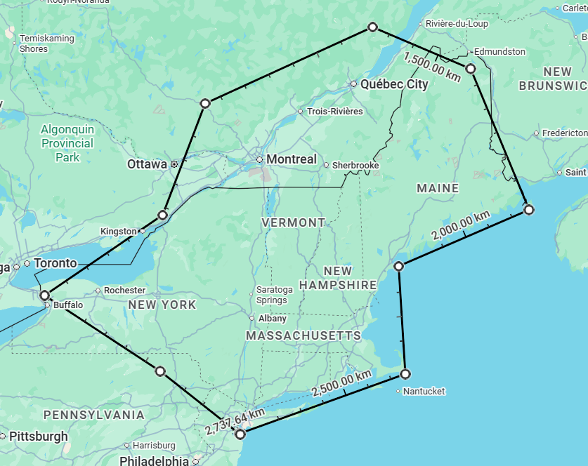 Map of northeastern United States and Canada with a black line indicating a road trip route.