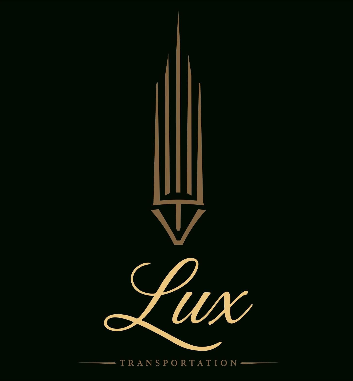Lux Transportation logo, featuring a gold Art Deco design on a dark background; the word