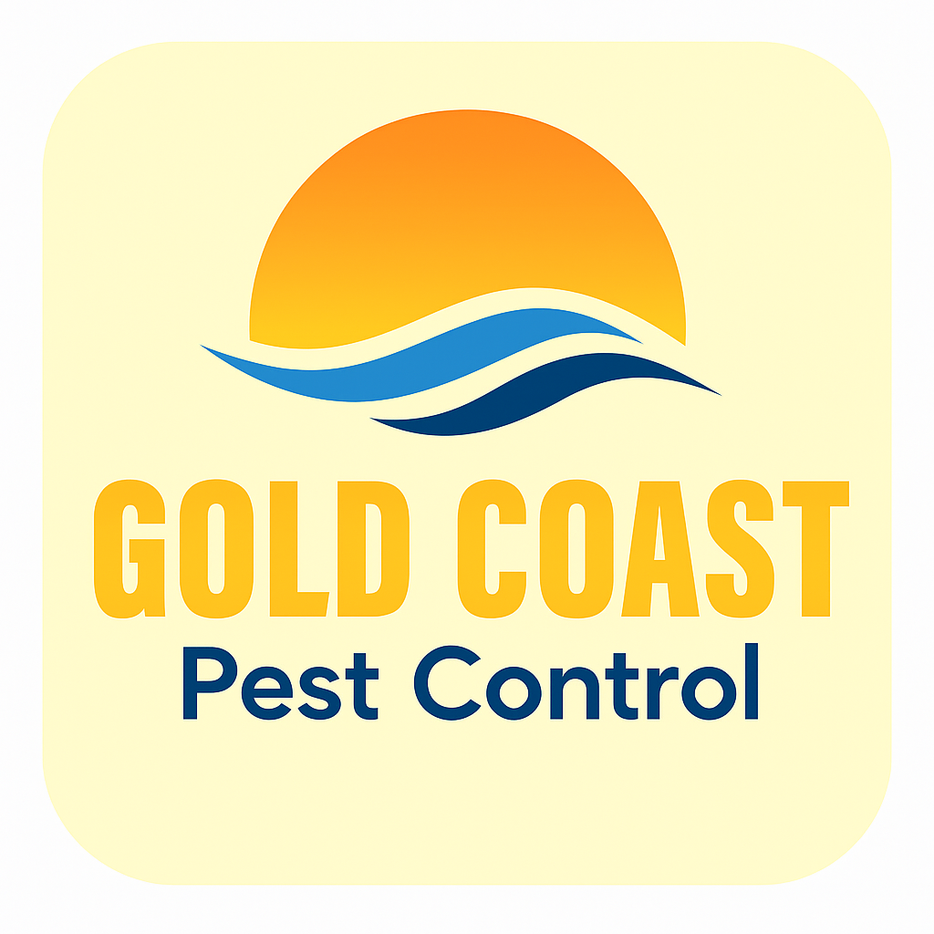 Gold Coast Pest Control logo: Sun over blue waves; text