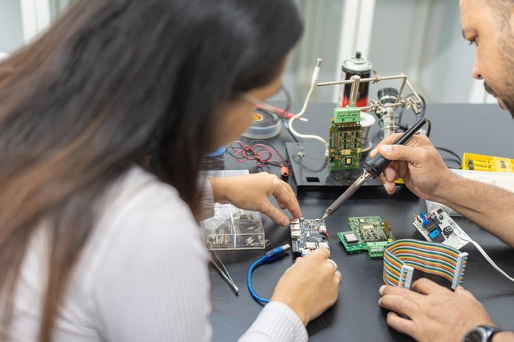 College students working on electronics in a lab setting