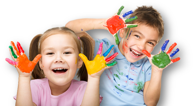 A Boy and A Girl with Their Hands Painted in Different Colors.