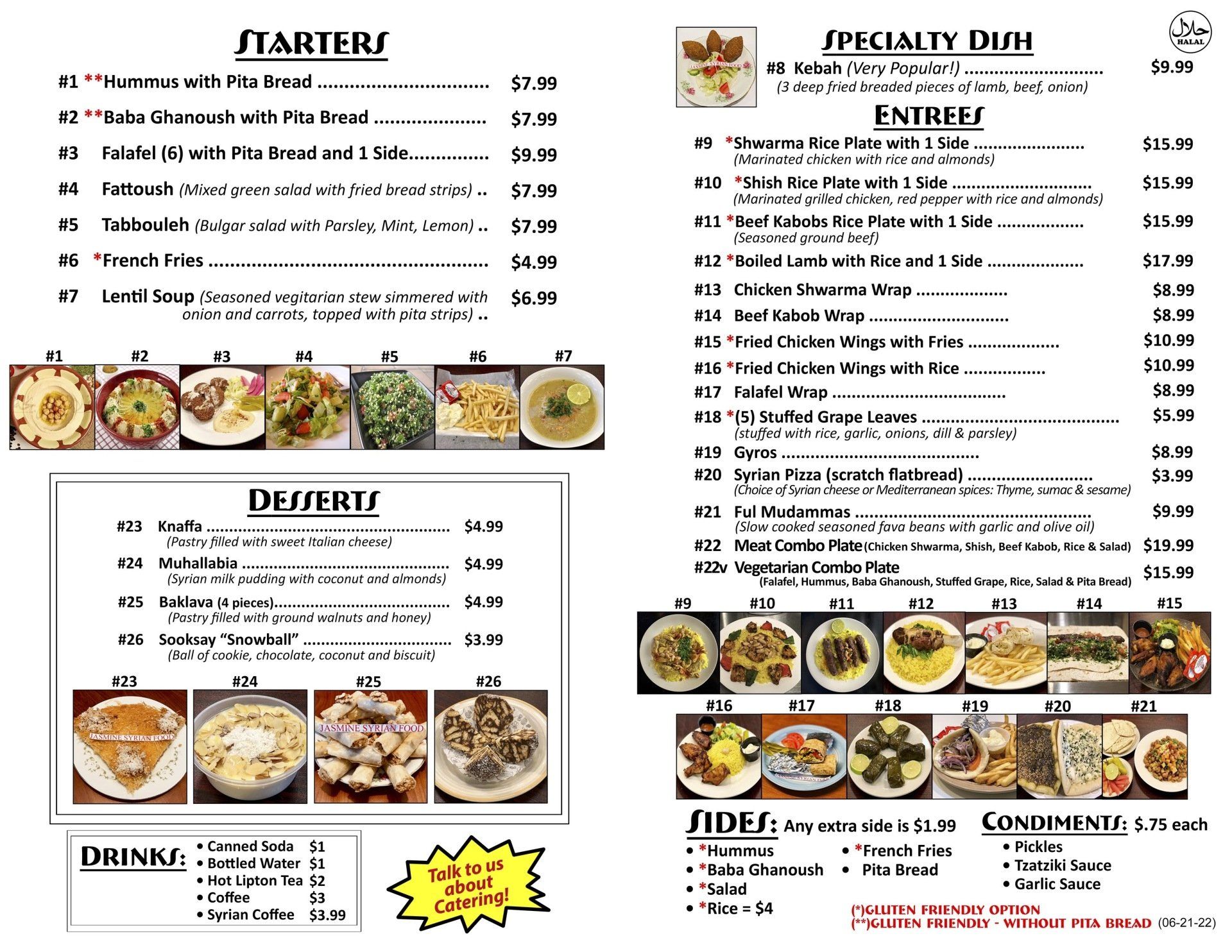 Jasmine Syrian Food Menu - Denver, CO