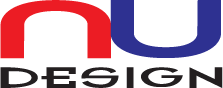 The logo for nu design is red , blue and black.