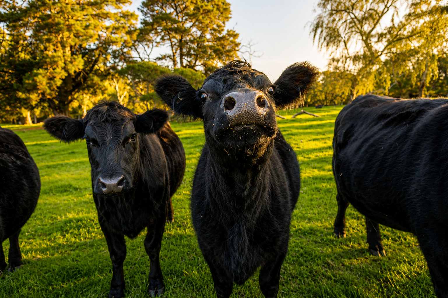 Black cows standing in a sunlit grassy field at sunset