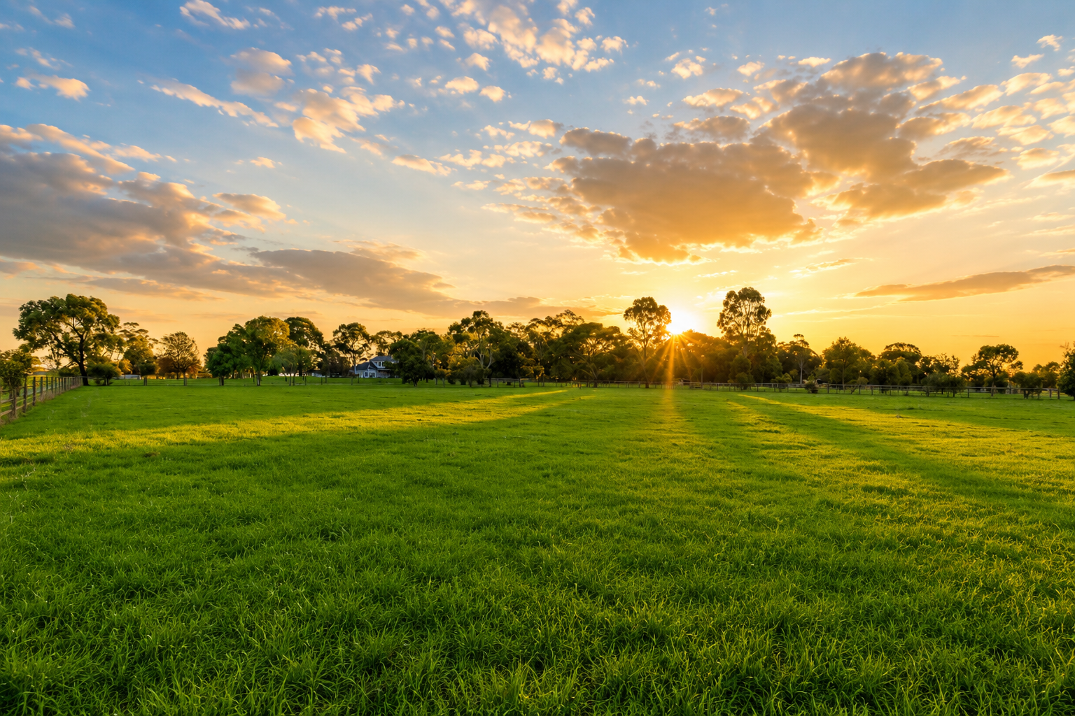 Sunset over a green field with trees and a glowing sky