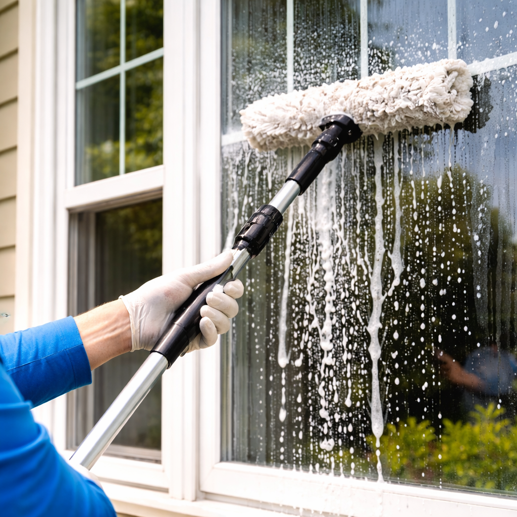 A person is cleaning the side of a house with a high pressure washer.