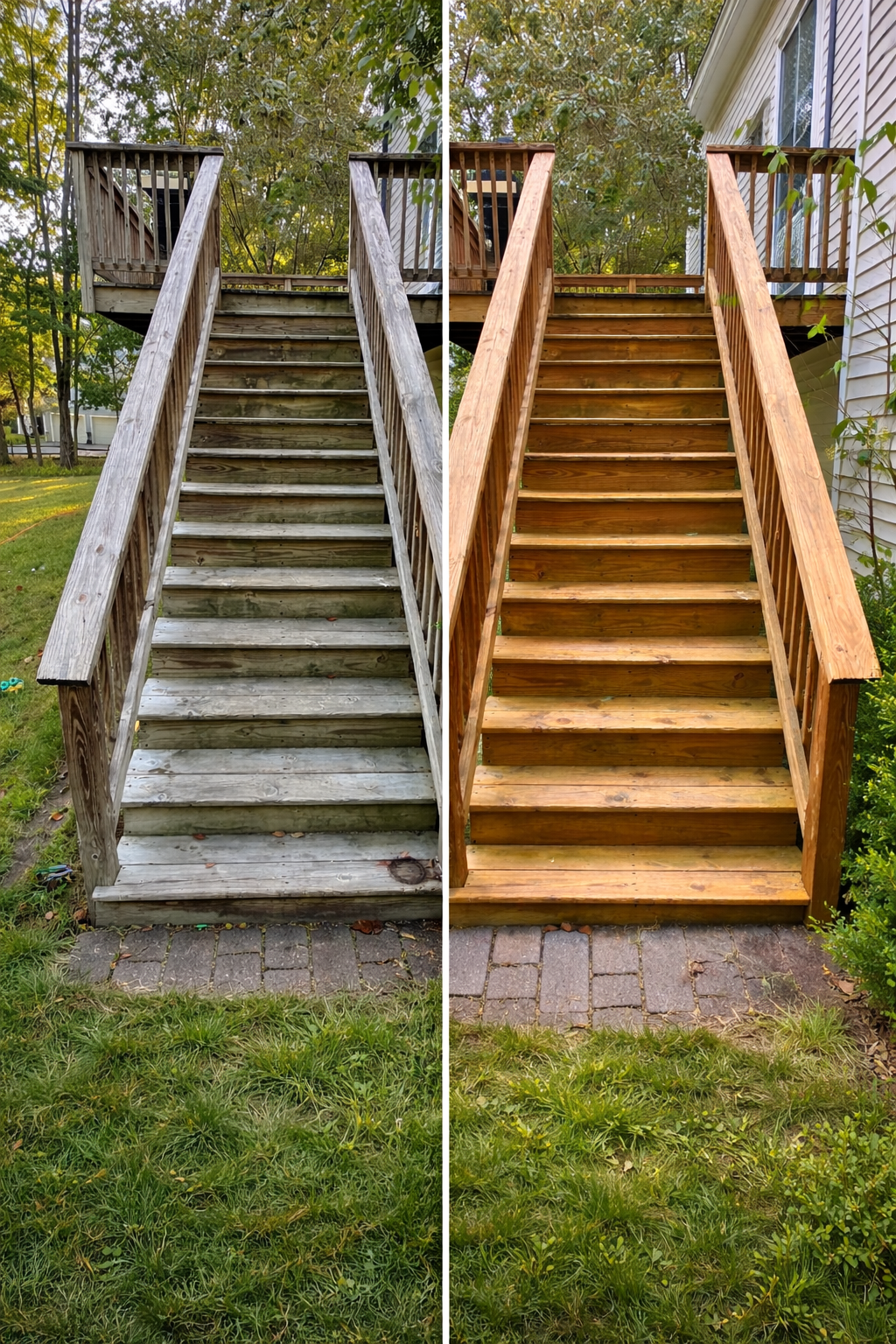 A person is using a high pressure washer to clean a wooden deck.