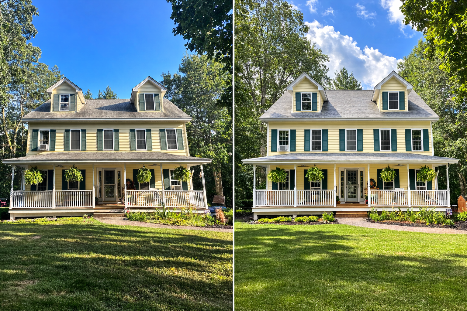 A person is cleaning a tiled roof with a high pressure washer.