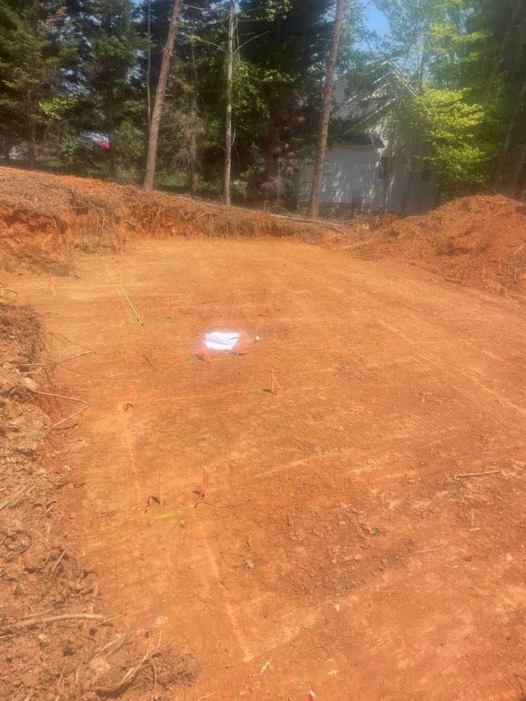 A dirt road in the middle of a forest with trees in the background.