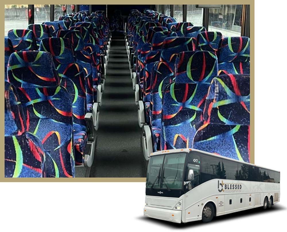 A picture of a bus with colorful seats and a picture of the inside of the bus