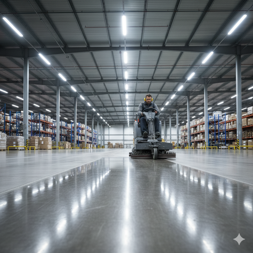 Person operating a floor scrubber in a warehouse. Shiny concrete floor, rows of shelves with boxes.