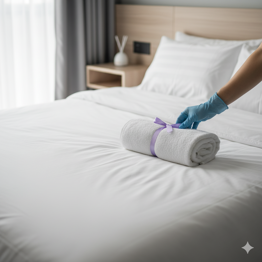 A maid with blue gloves and a towel tied with a purple ribbon on a hotel bed.