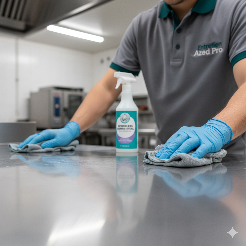 Man in gloves cleaning a stainless steel surface with spray and cloths in a kitchen.