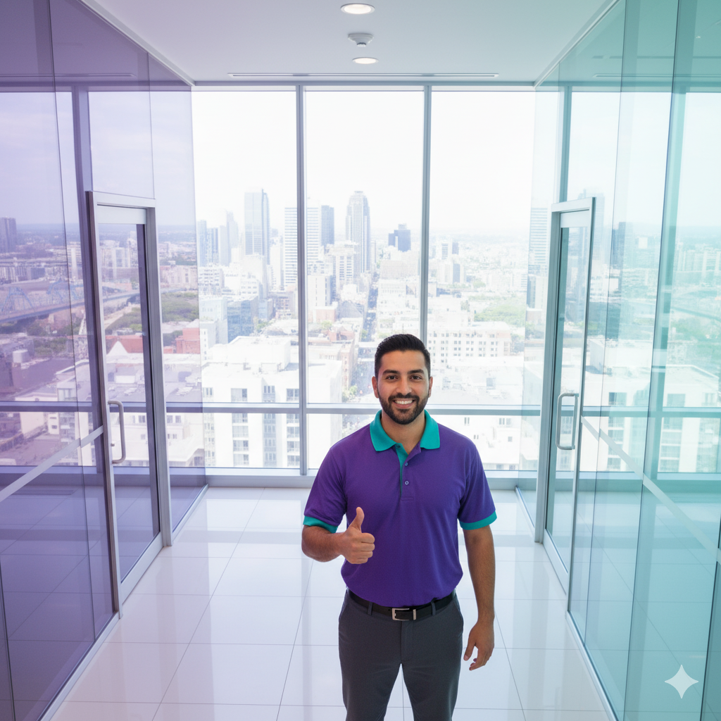 Man giving thumbs up in an office hallway with city skyline view. He wears purple shirt, gray pants.