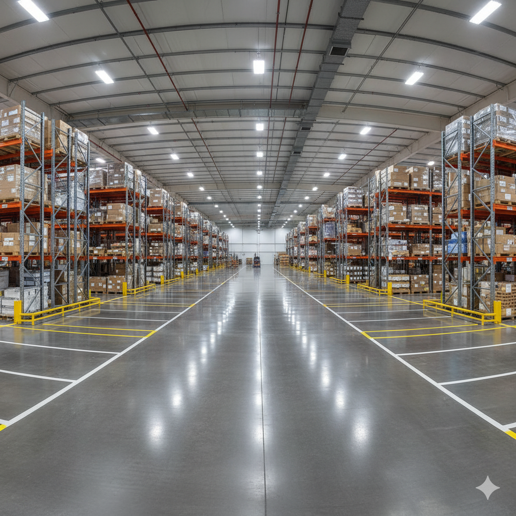 Rows of tall warehouse shelves filled with boxes, gray concrete floor, bright overhead lights.