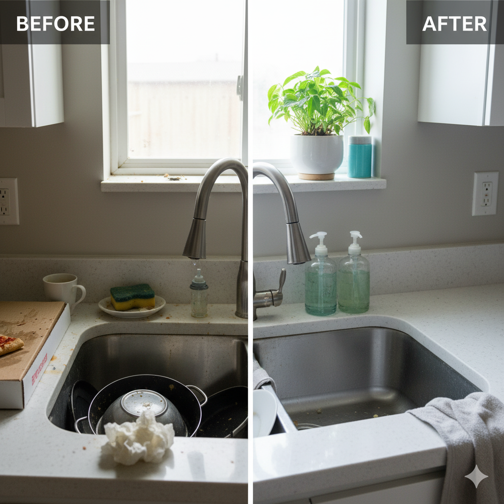 Sink before and after cleaning, with dishes and debris in the 