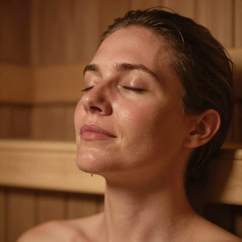 Persona che si rilassa con gli occhi chiusi in una calda sauna di legno.