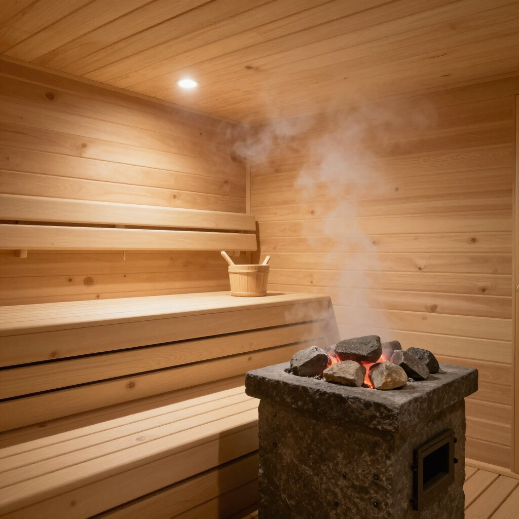 Sauna rivestita in legno con panche in legno e stufa in pietra che emette vapore da pietre incandescenti.