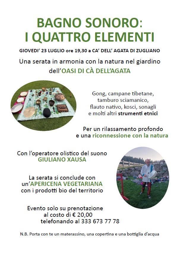 Volantino per “Bagno sonoro: i quattro elementi” con dettagli dell’evento e foto a tema naturalistico