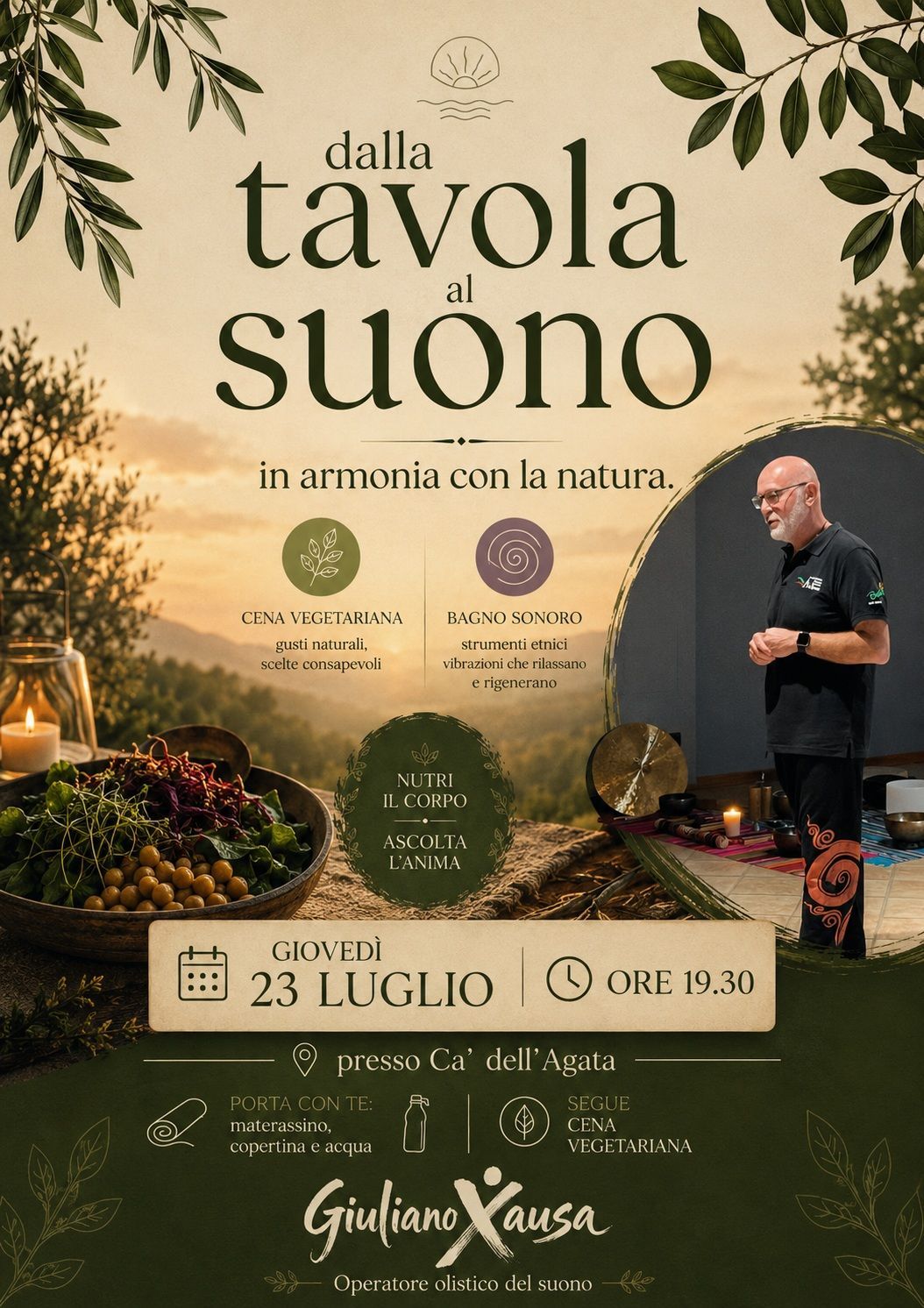 Event poster for “dalla tavola suono” with dinner table, foliage, and a chef beside the date 23 luglio.
