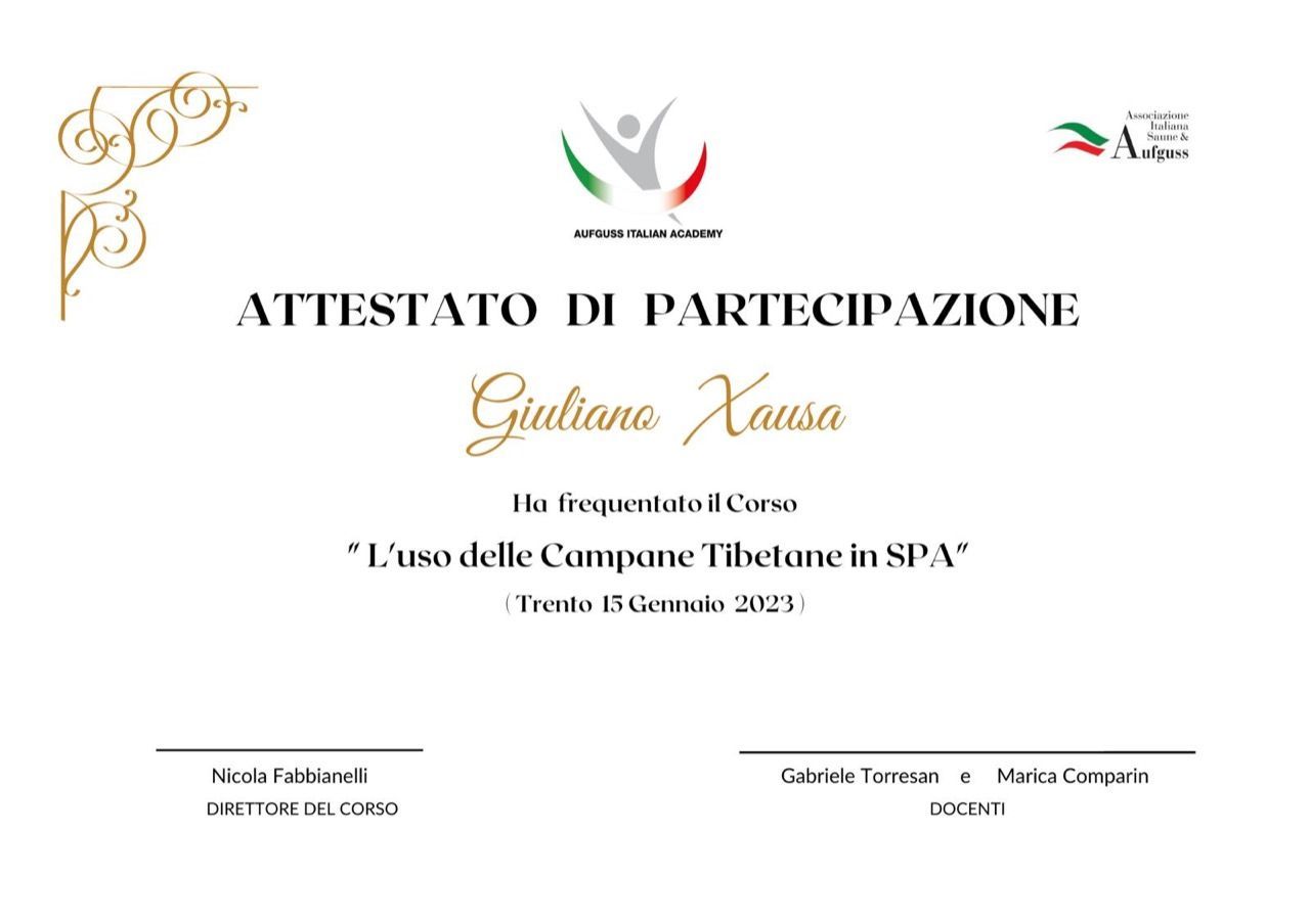 Certificato di partecipazione bianco con decorazioni dorate e logo, per “L’Uso delle Campane Tibetane in SPA”