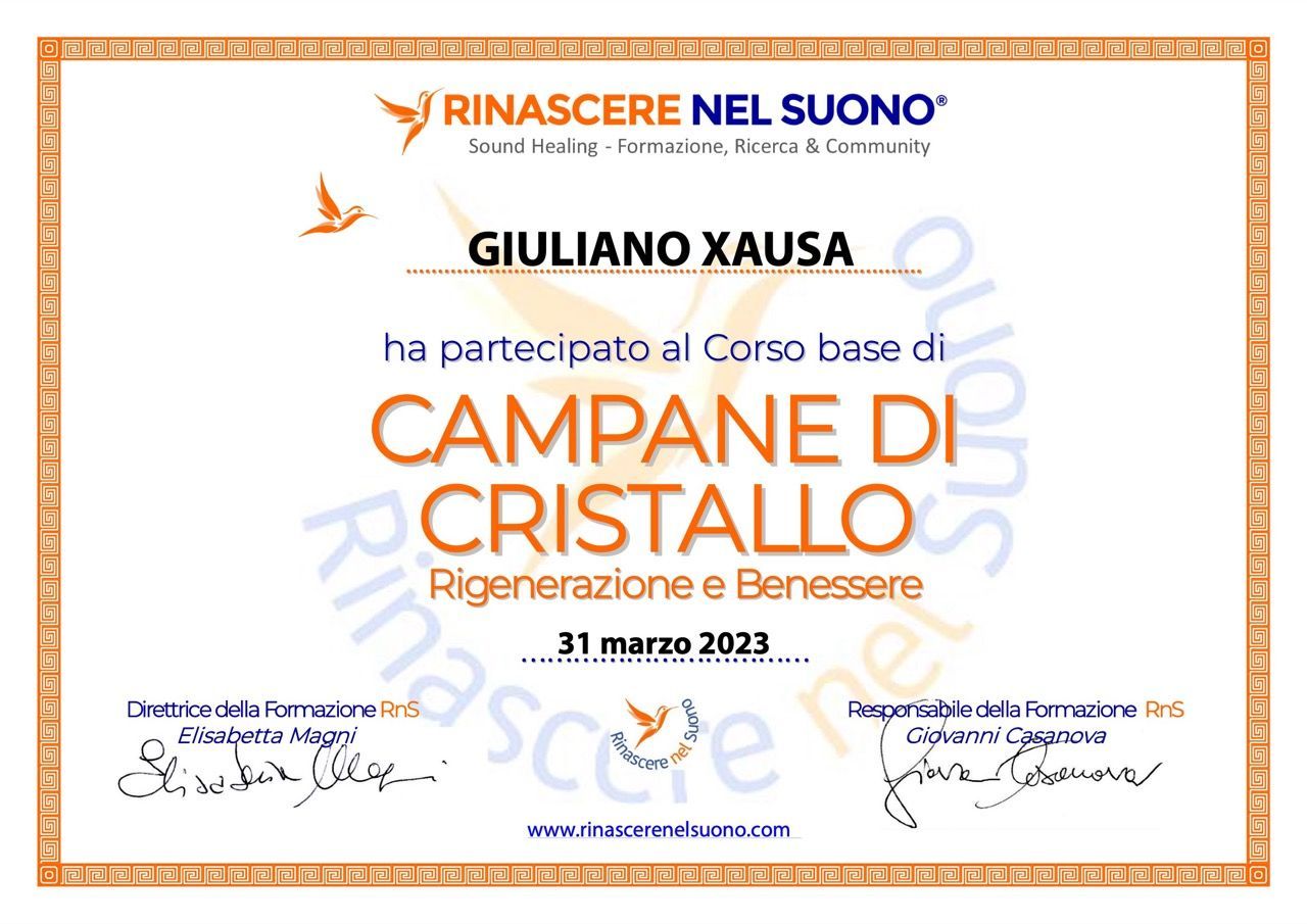 Certificate for Giuliano Xausa for participating in the “Campane di Cristallo” competition, with orange border.