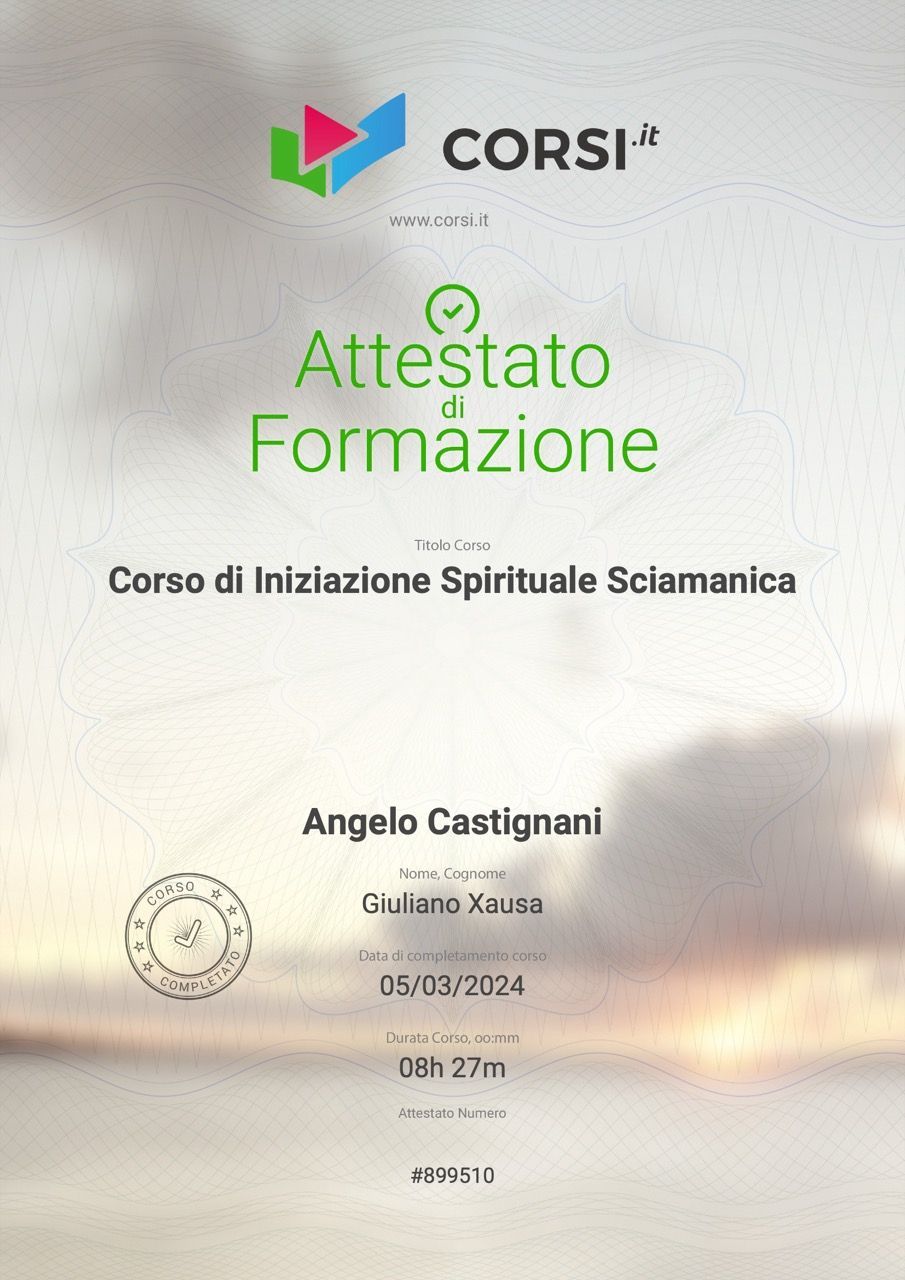 Attestato di formazione CORSI, con testo verde su sfondo chiaro e nome Angelo Castignani.