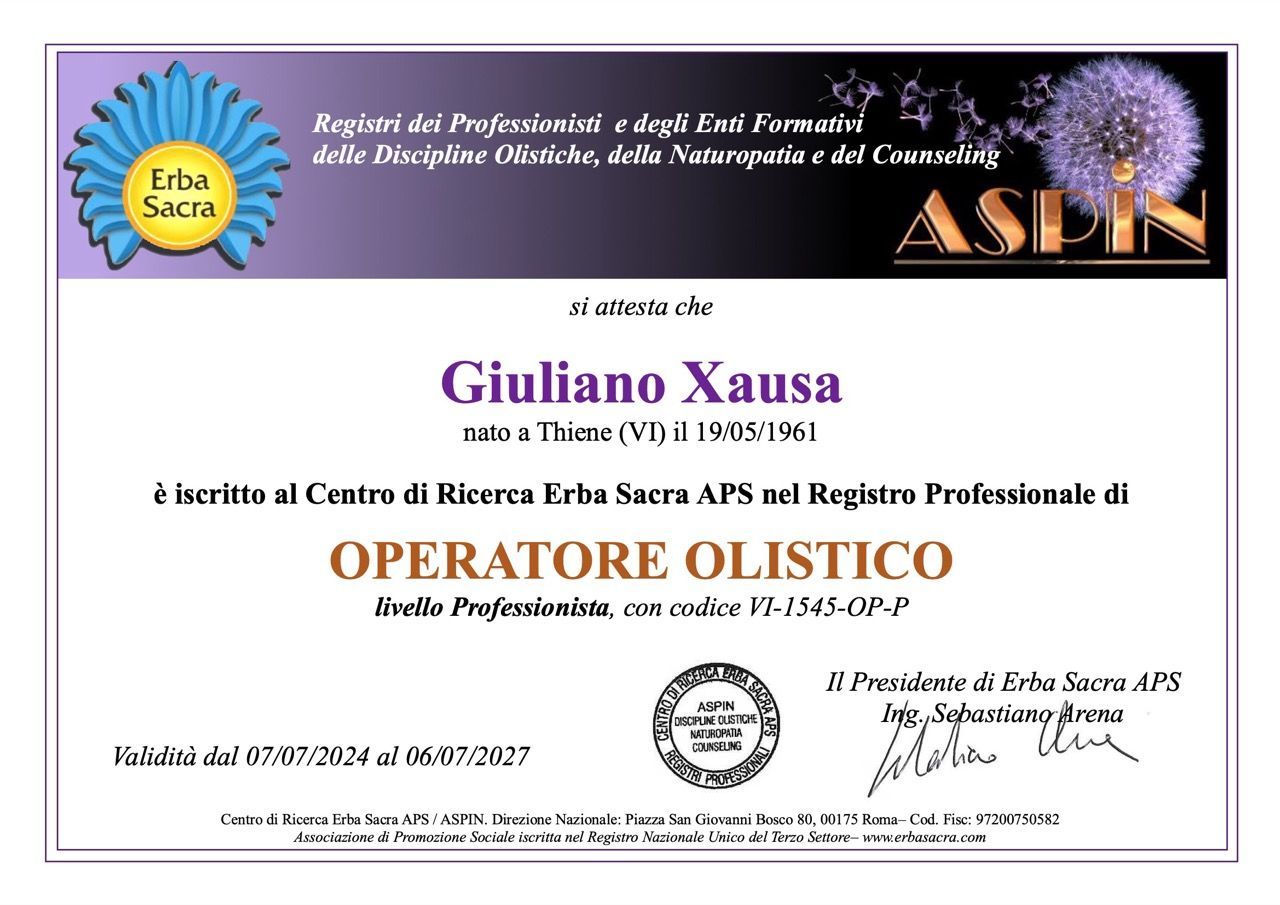 Certificate for Giuliano Xausa, titled “Operatore Olistico,” with purple text and ASI logo.