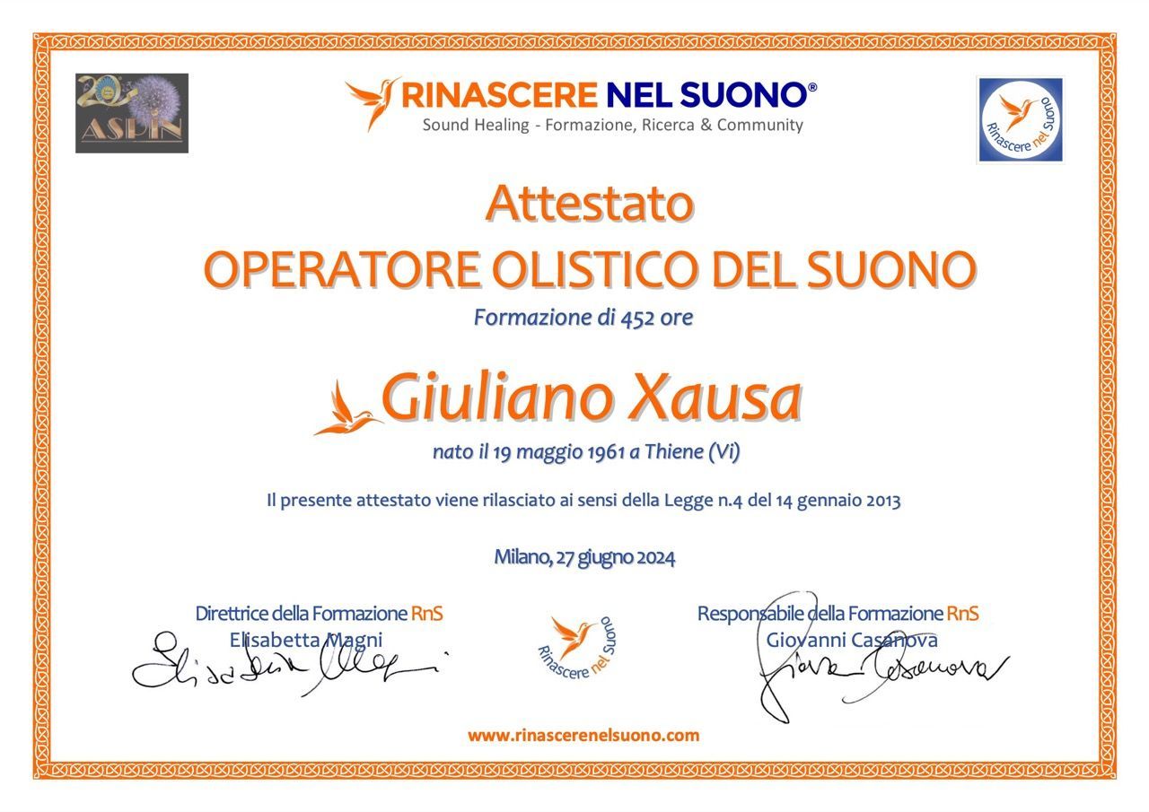 Certificato arancione e bianco “Operatore Olistico del Suono” a nome di Giuliano Xausa