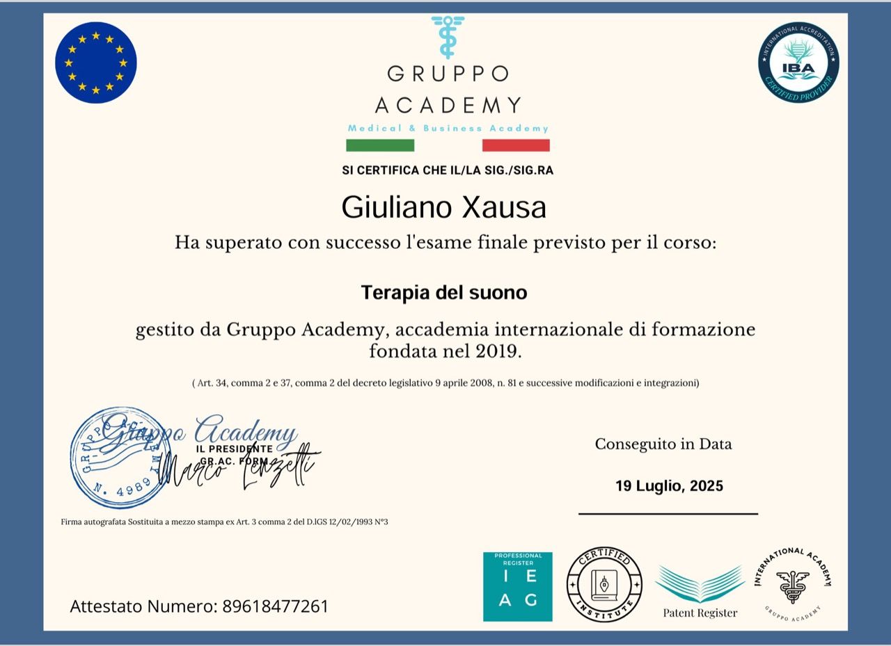 Blue-and-cream certificate for Giuliano Xausa from Gruppo Academy, dated 15 Luglio 2025