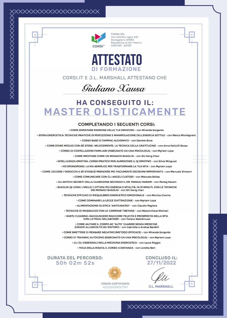 Attestato con bordo blu e testo in italiano, attestante il conseguimento di un Master Olistica.