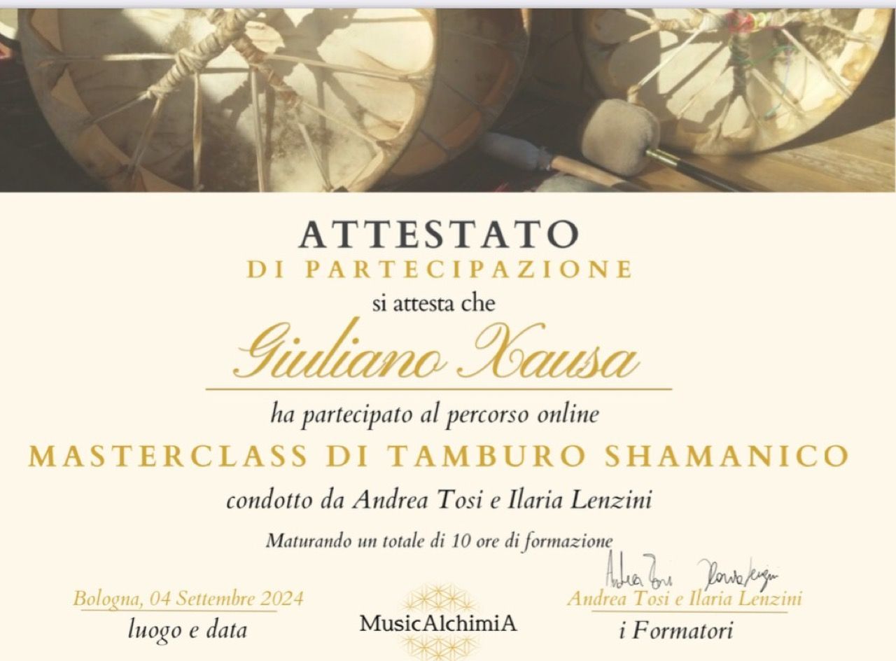 Attestato di partecipazione in tonalità oro e beige per il masterclass di tamburo sciamanico di Giuliano Causa