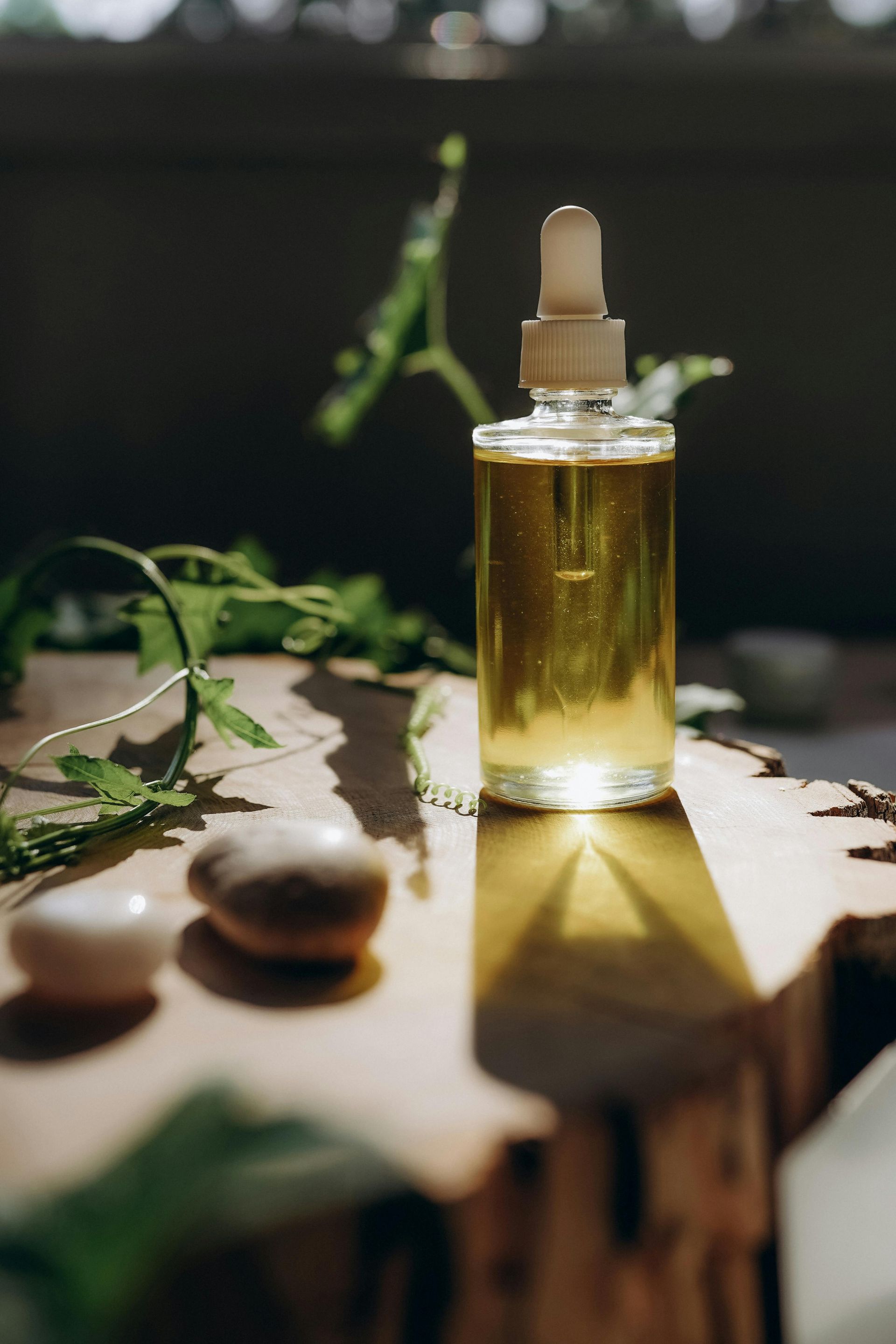 Boccetta di vetro con contagocce contenente olio dorato, posizionata su un blocco di legno illuminato da una calda luce solare e circondata da foglie verdi.