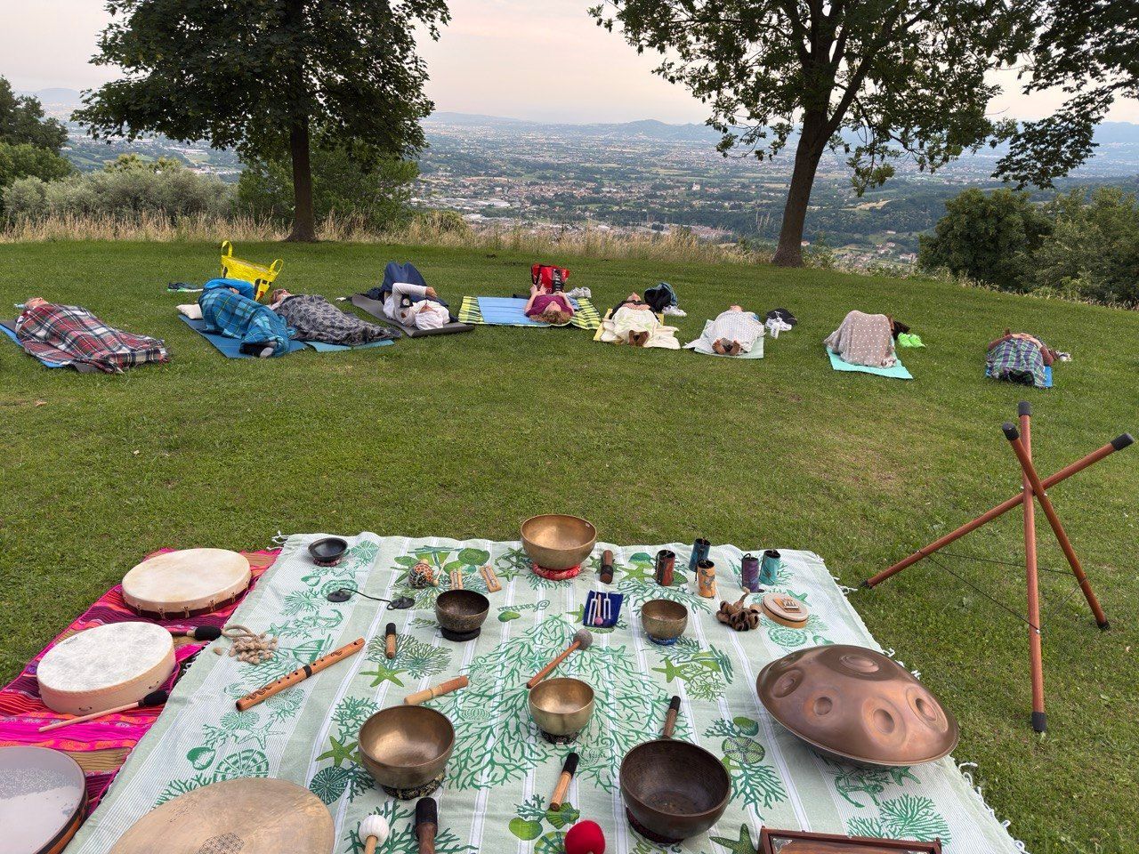 Area picnic all'aperto con coperte, ciotole e cuscini sull'erba con vista sulla città.