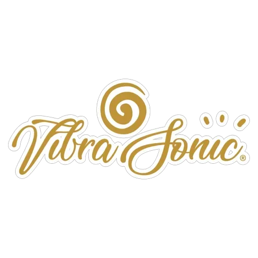 Logo VibraSonic in oro e bianco con un'icona a spirale sopra un testo stilizzato in corsivo.