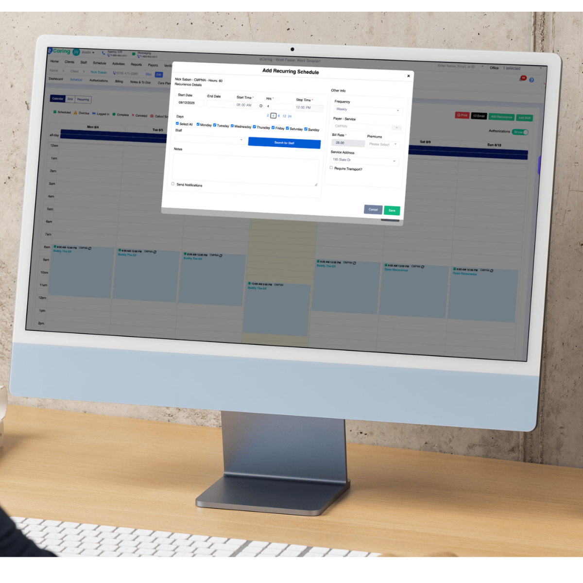 Desktop computer displaying a scheduling app with a pop-up window.