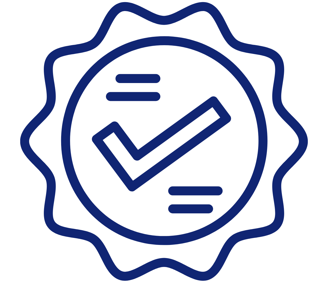 Blue seal with checkmark, representing approval or quality.