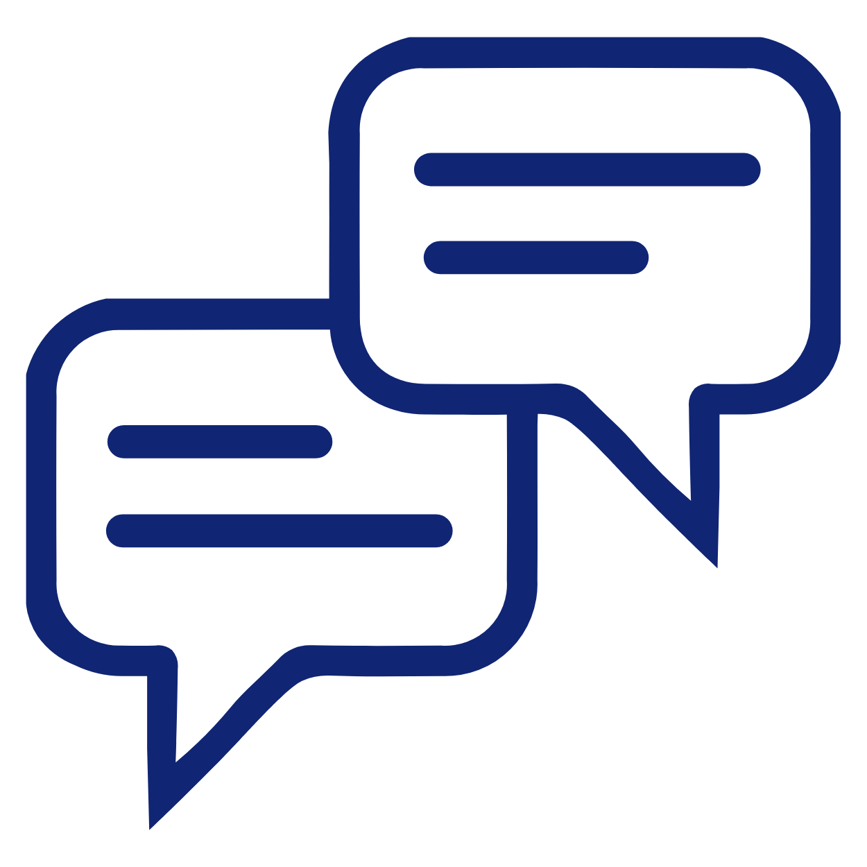 Two blue speech bubbles with horizontal lines, suggesting conversation.