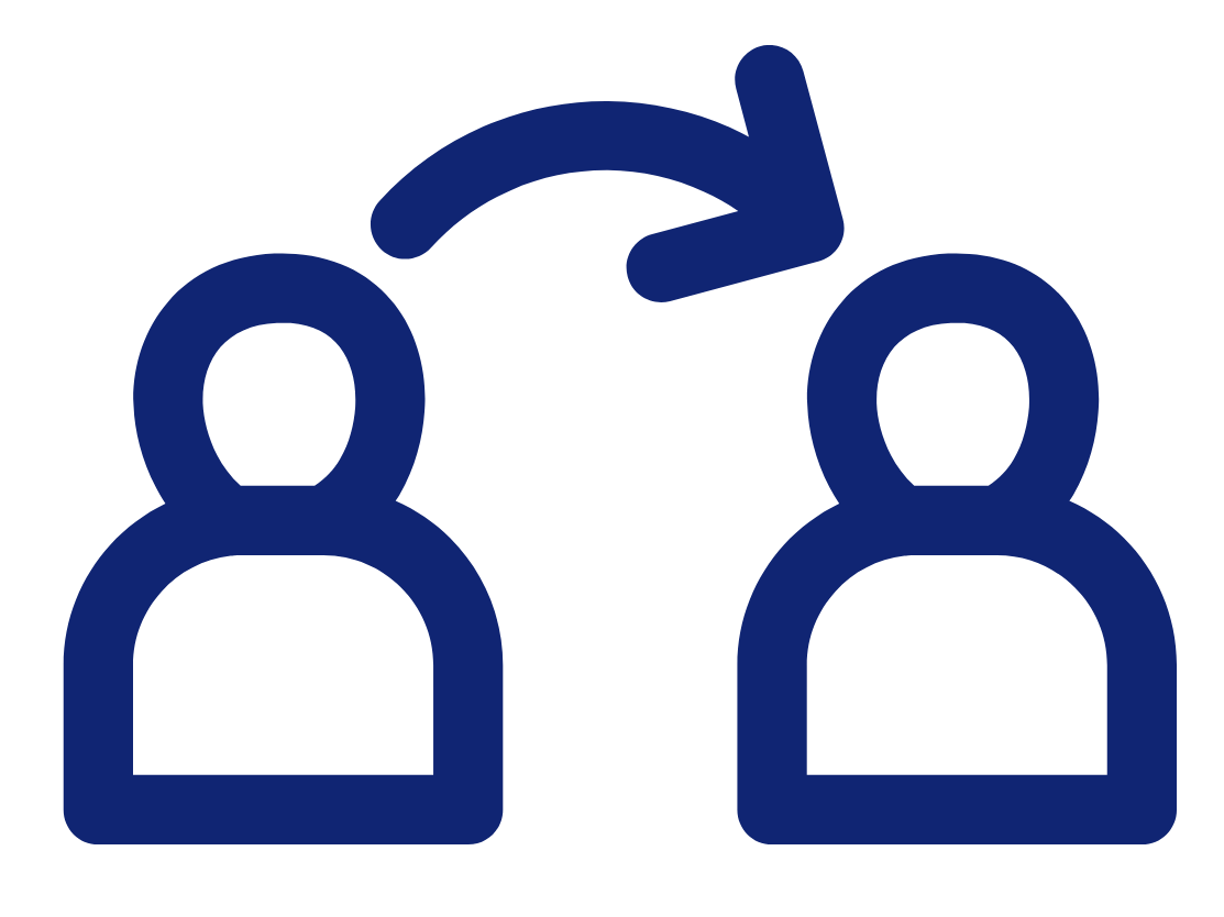 Two blue figures, an arrow from one to the other, indicating a transfer or exchange.