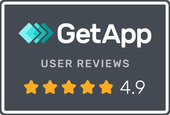 GetApp user reviews: 4.9 stars out of 5. Dark gray background with logo and four and a half yellow stars.