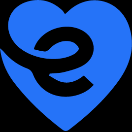 A blue heart with a black letter e inside of it