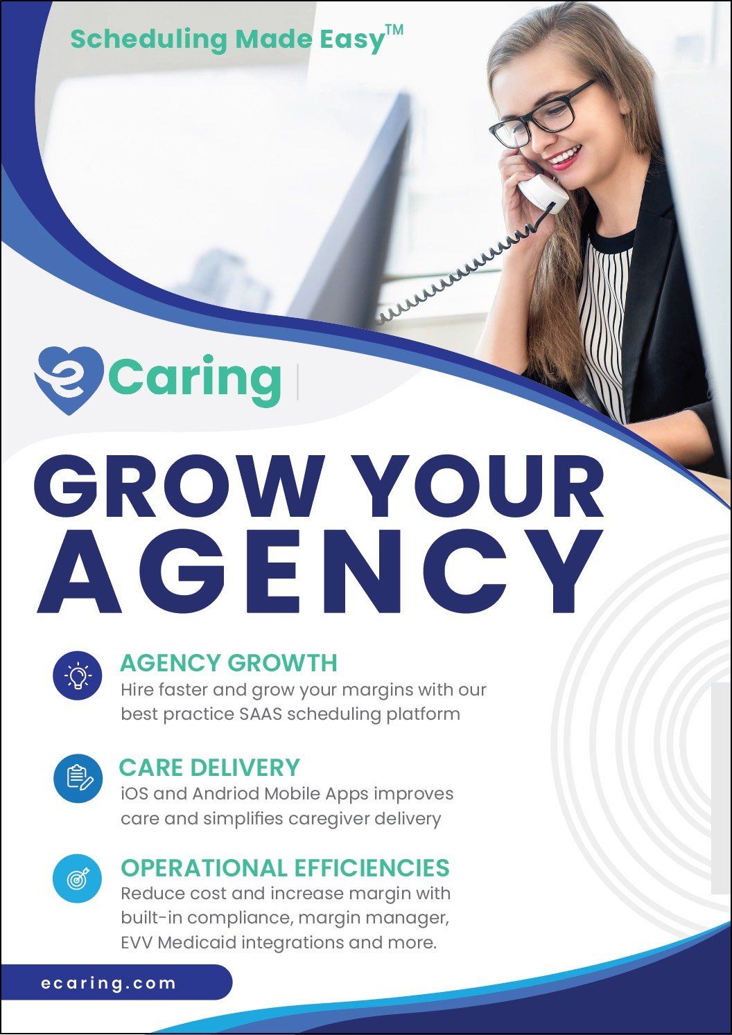 A woman is talking on a phone while using a laptop computer.