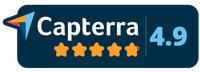 Capterra rating badge with 4.9 stars and five orange stars.