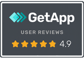 GetApp user reviews: 4.9 stars out of 5. Dark gray background with logo and four and a half yellow stars.