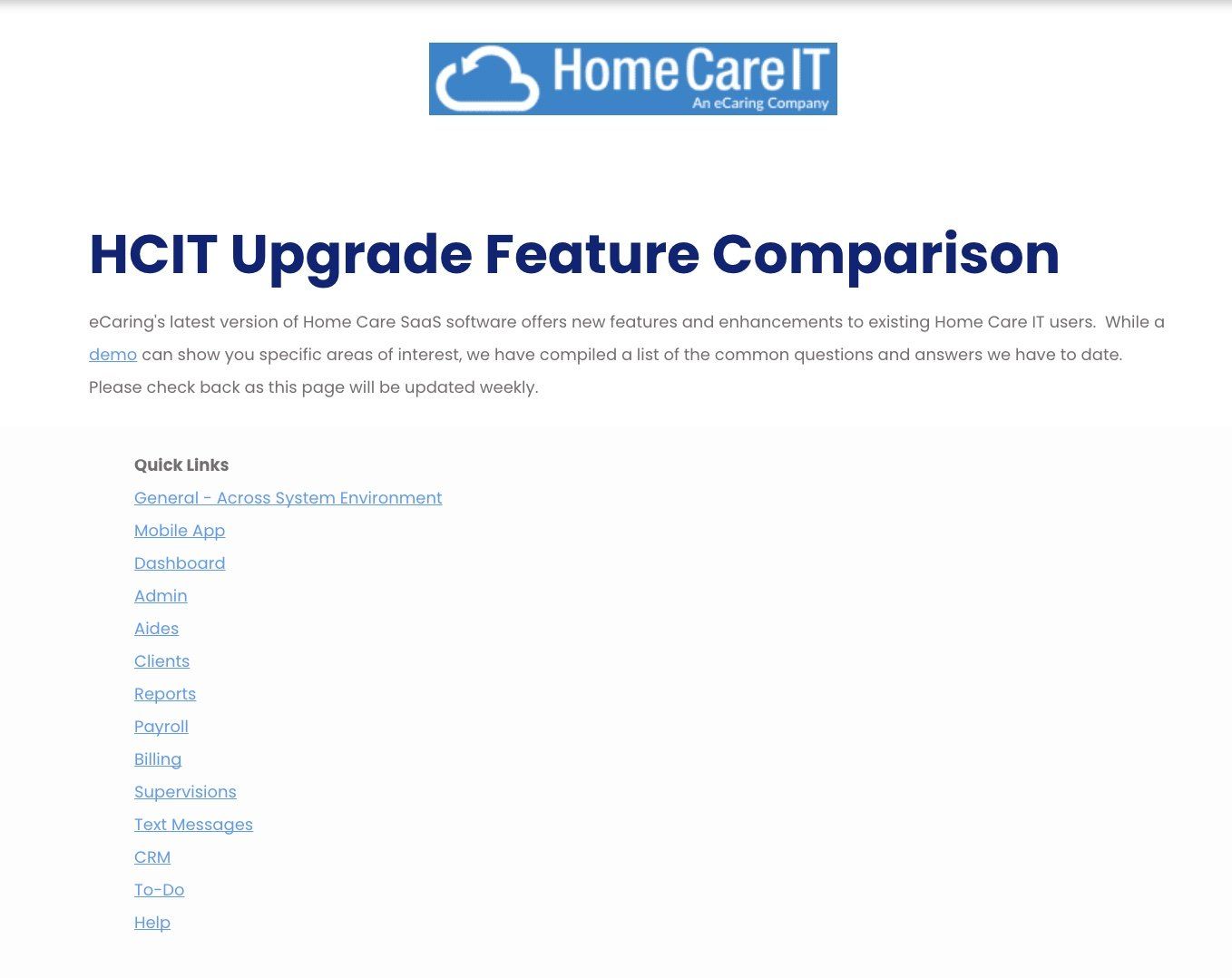 A screenshot of a home care it upgrade feature comparison.