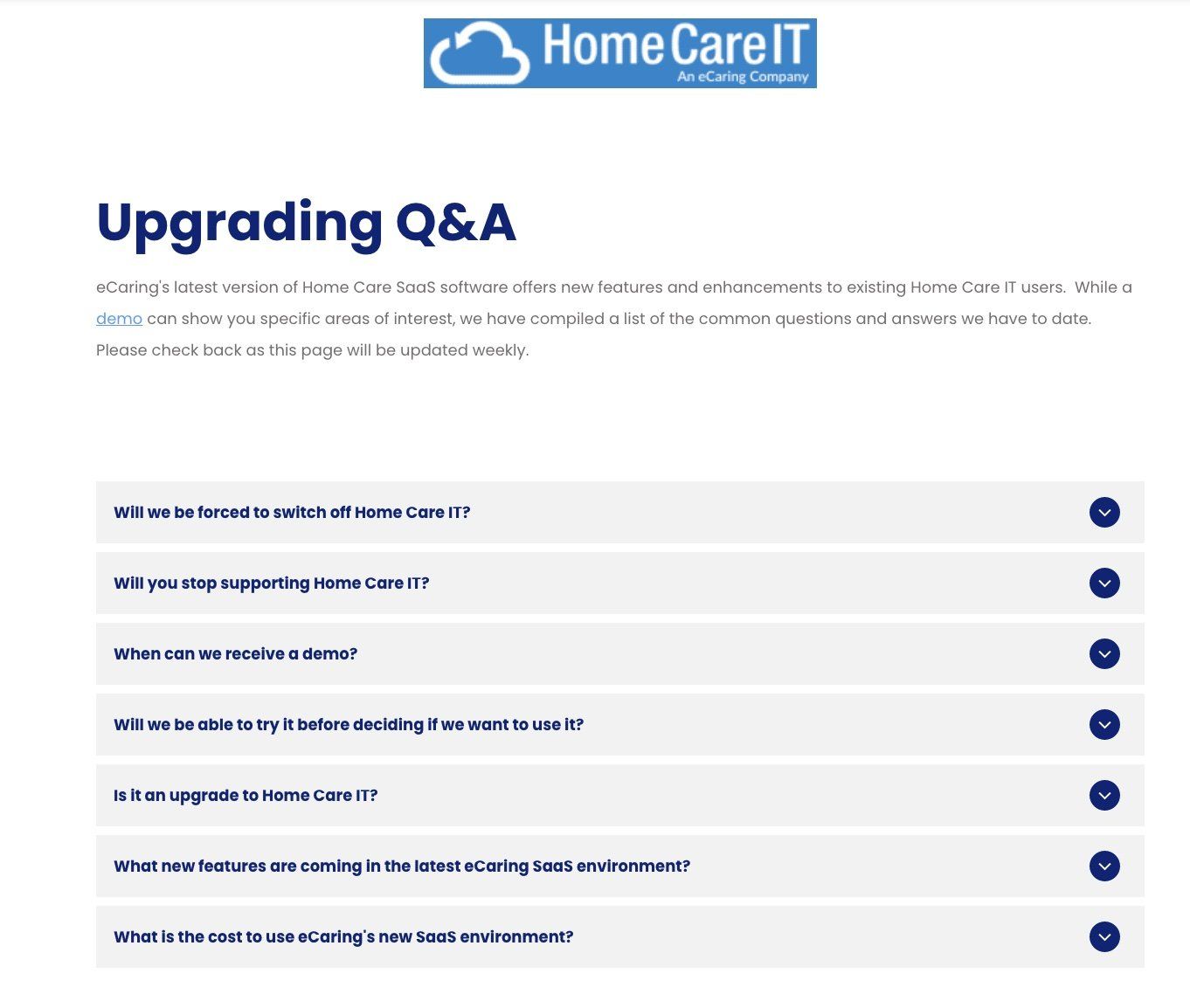 A screenshot of a home care it upgrade q & a page.