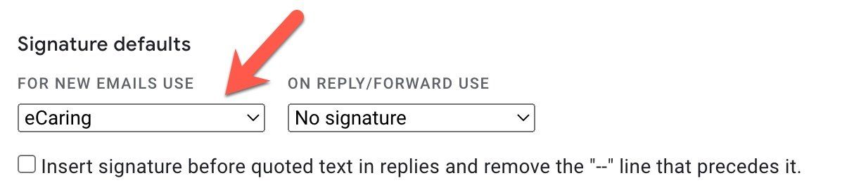 A red arrow points to a box that says signature defaults