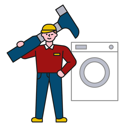 A cute repairman is fixing a home appliance with a huge tool. flat design style minimal vector illustration.